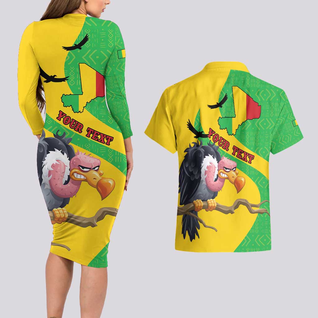 Personalised Mali Couples Matching Long Sleeve Bodycon Dress and Hawaiian Shirt Vulture With Flag Map Bogolan Pattern