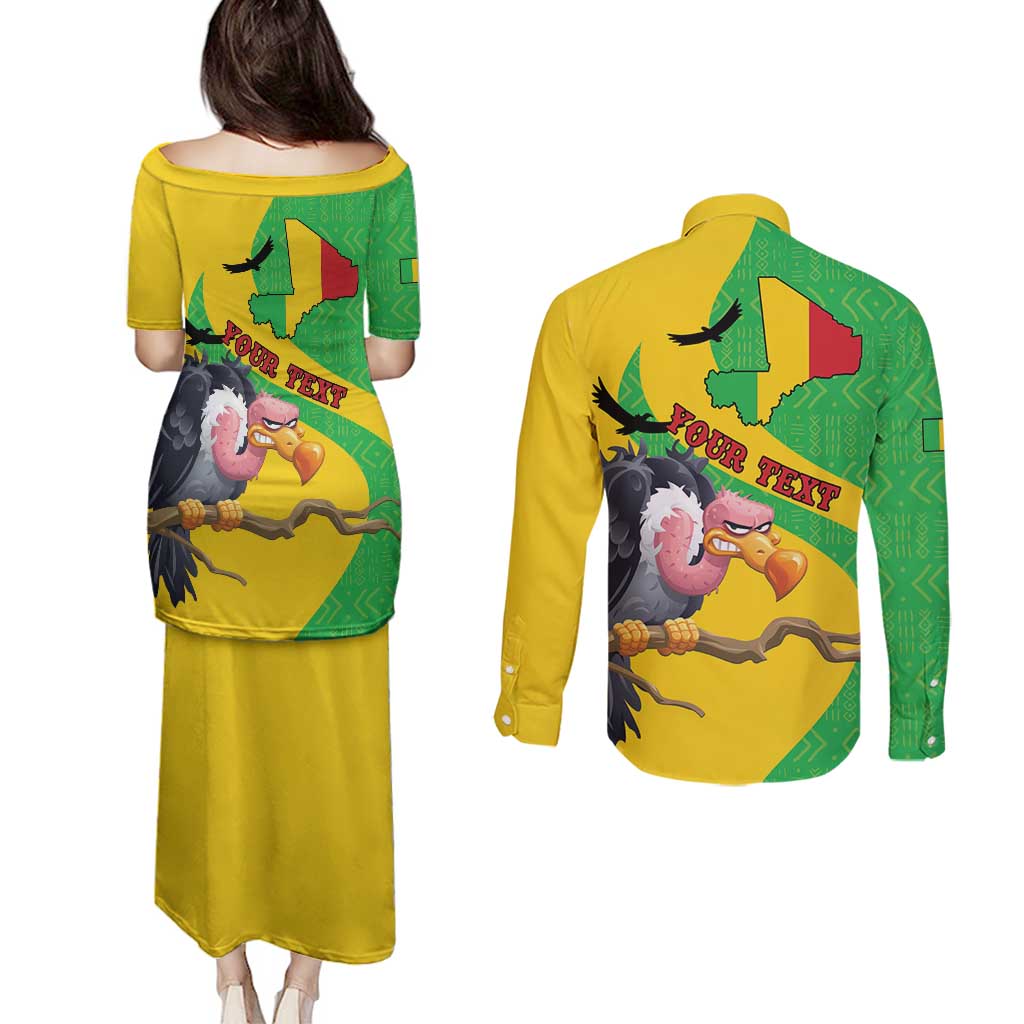 Personalised Mali Couples Matching Puletasi and Long Sleeve Button Shirt Vulture With Flag Map Bogolan Pattern