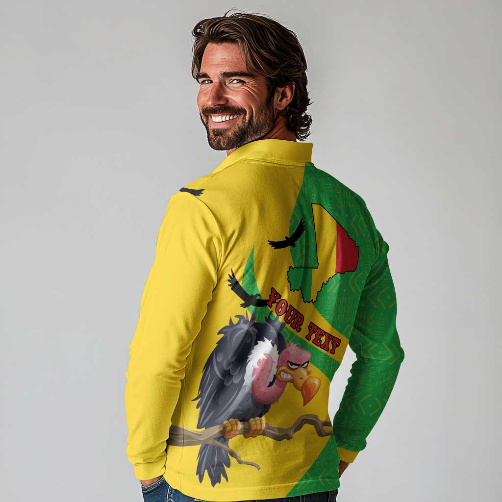 Personalised Mali Long Sleeve Polo Shirt Vulture With Flag Map Bogolan Pattern - Wonder Print Shop