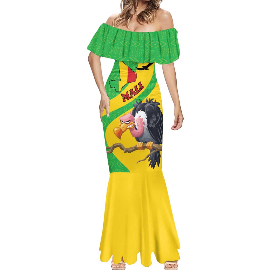 Personalised Mali Mermaid Dress Vulture With Flag Map Bogolan Pattern - Wonder Print Shop