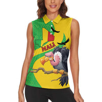 Personalised Mali Women Sleeveless Polo Shirt Vulture With Flag Map Bogolan Pattern - Wonder Print Shop