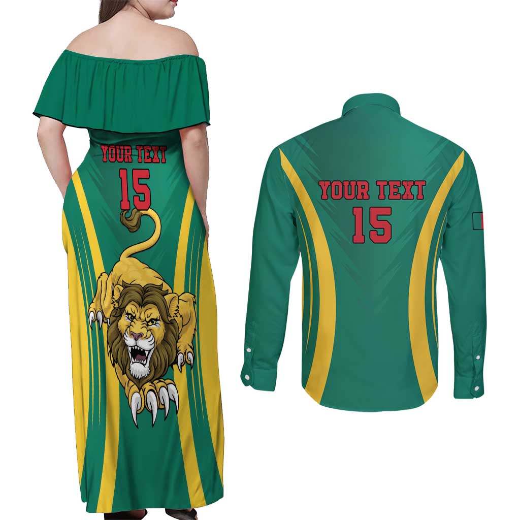 Custom Cameroon Football Couples Matching Off Shoulder Maxi Dress and Long Sleeve Button Shirt Go Indomitable Lions