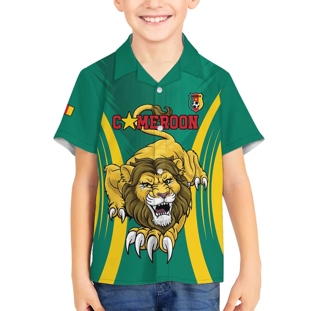 Custom Cameroon Football Family Matching Off The Shoulder Long Sleeve Dress and Hawaiian Shirt Go Indomitable Lions