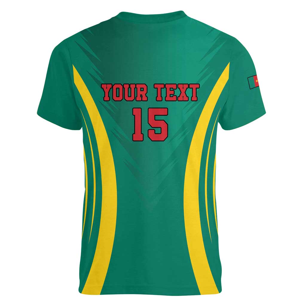 Custom Cameroon Football Women V-Neck T-Shirt Go Indomitable Lions - Wonder Print Shop