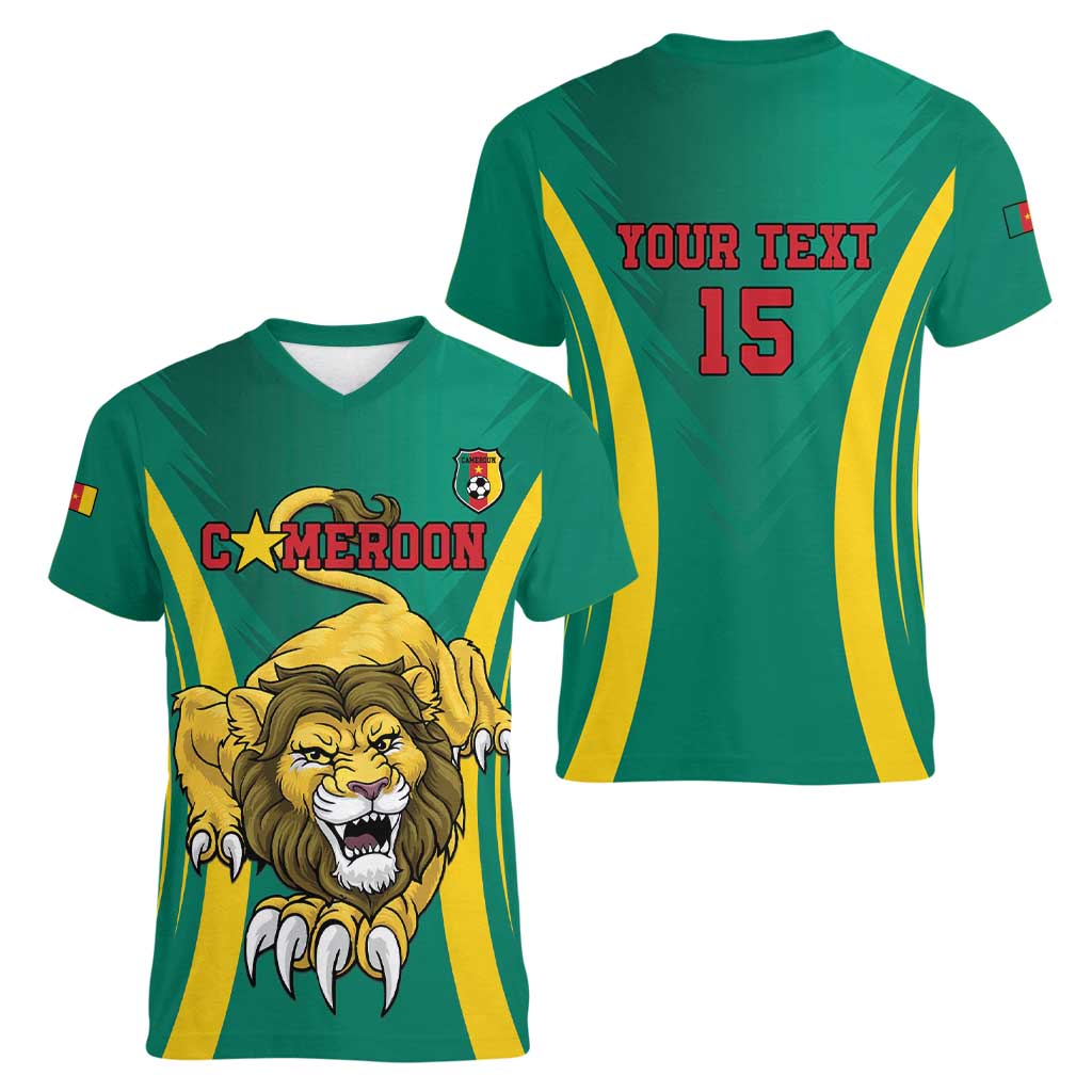Custom Cameroon Football Women V-Neck T-Shirt Go Indomitable Lions - Wonder Print Shop