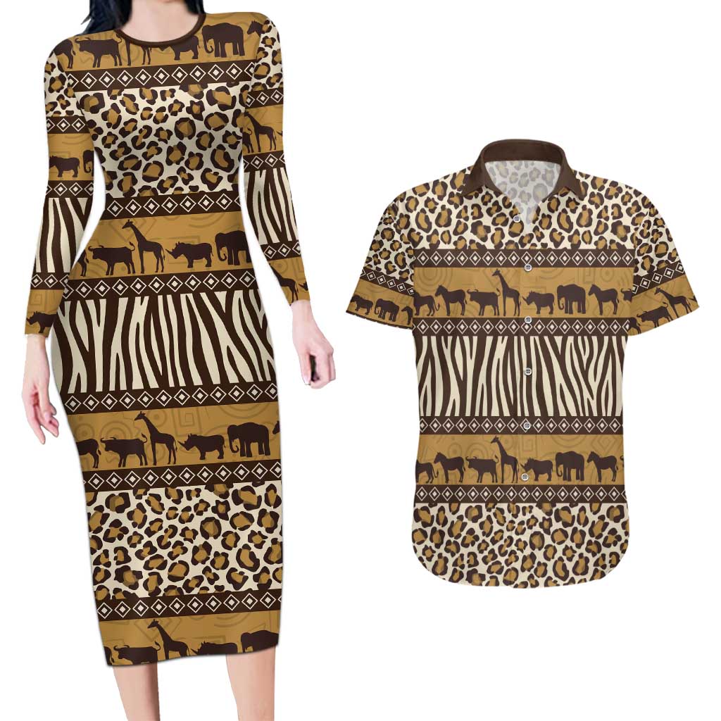 Animal Skin Mix African Pattern Couples Matching Long Sleeve Bodycon Dress and Hawaiian Shirt