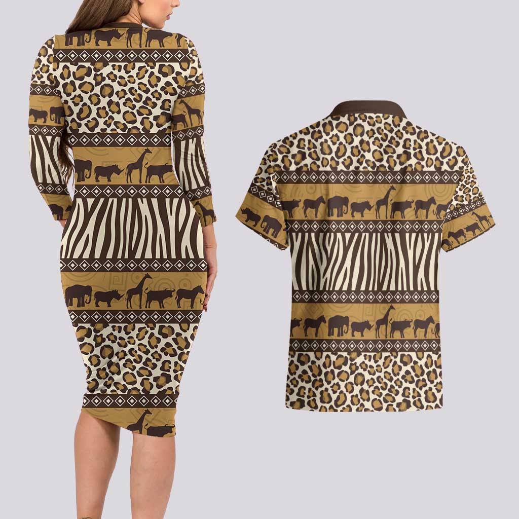 Animal Skin Mix African Pattern Couples Matching Long Sleeve Bodycon Dress and Hawaiian Shirt