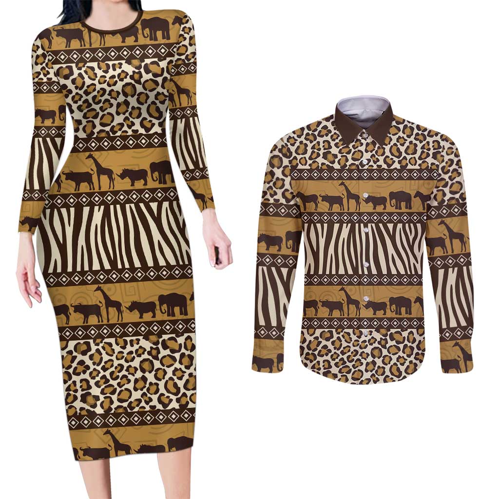 Animal Skin Mix African Pattern Couples Matching Long Sleeve Bodycon Dress and Long Sleeve Button Shirt