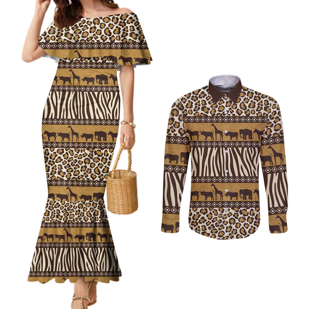 Animal Skin Mix African Pattern Couples Matching Mermaid Dress and Long Sleeve Button Shirt