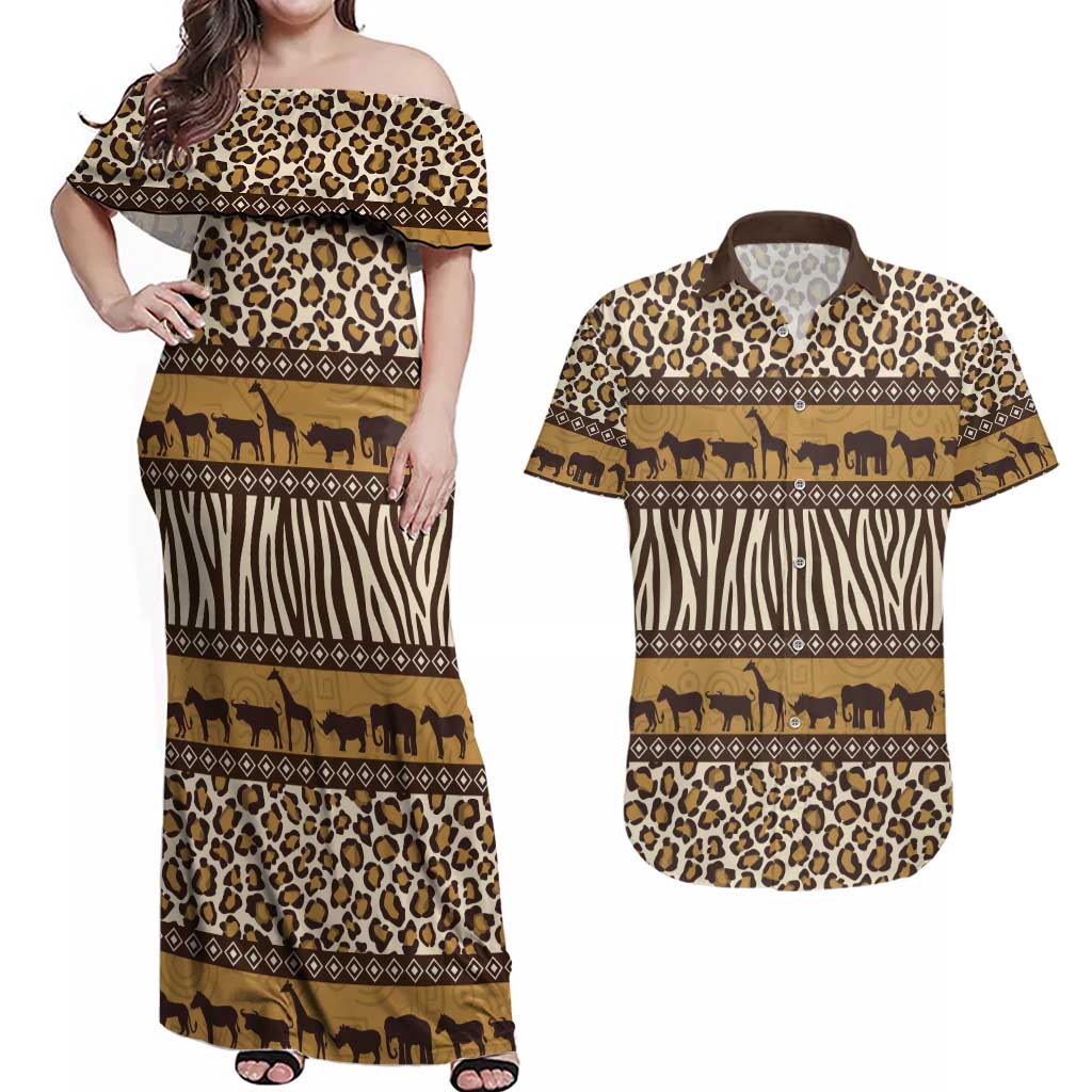 Animal Skin Mix African Pattern Couples Matching Off Shoulder Maxi Dress and Hawaiian Shirt