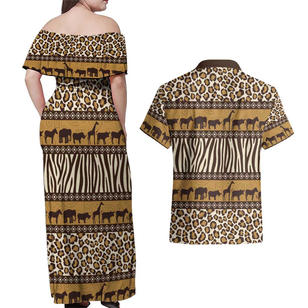 Animal Skin Mix African Pattern Couples Matching Off Shoulder Maxi Dress and Hawaiian Shirt