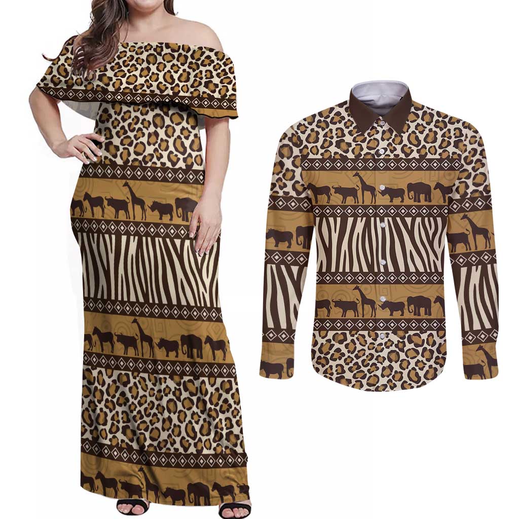Animal Skin Mix African Pattern Couples Matching Off Shoulder Maxi Dress and Long Sleeve Button Shirt