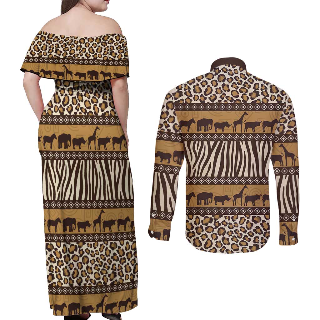Animal Skin Mix African Pattern Couples Matching Off Shoulder Maxi Dress and Long Sleeve Button Shirt