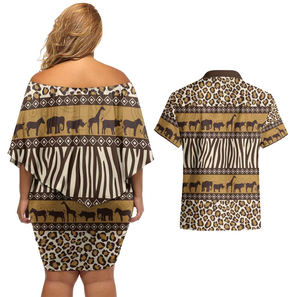 Animal Skin Mix African Pattern Couples Matching Off Shoulder Short Dress and Hawaiian Shirt