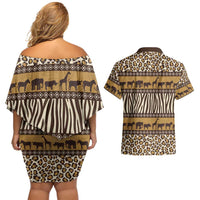 Animal Skin Mix African Pattern Couples Matching Off Shoulder Short Dress and Hawaiian Shirt