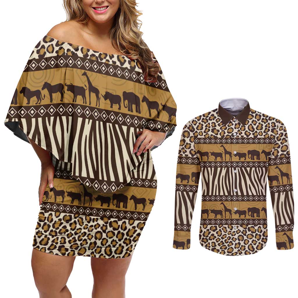 Animal Skin Mix African Pattern Couples Matching Off Shoulder Short Dress and Long Sleeve Button Shirt