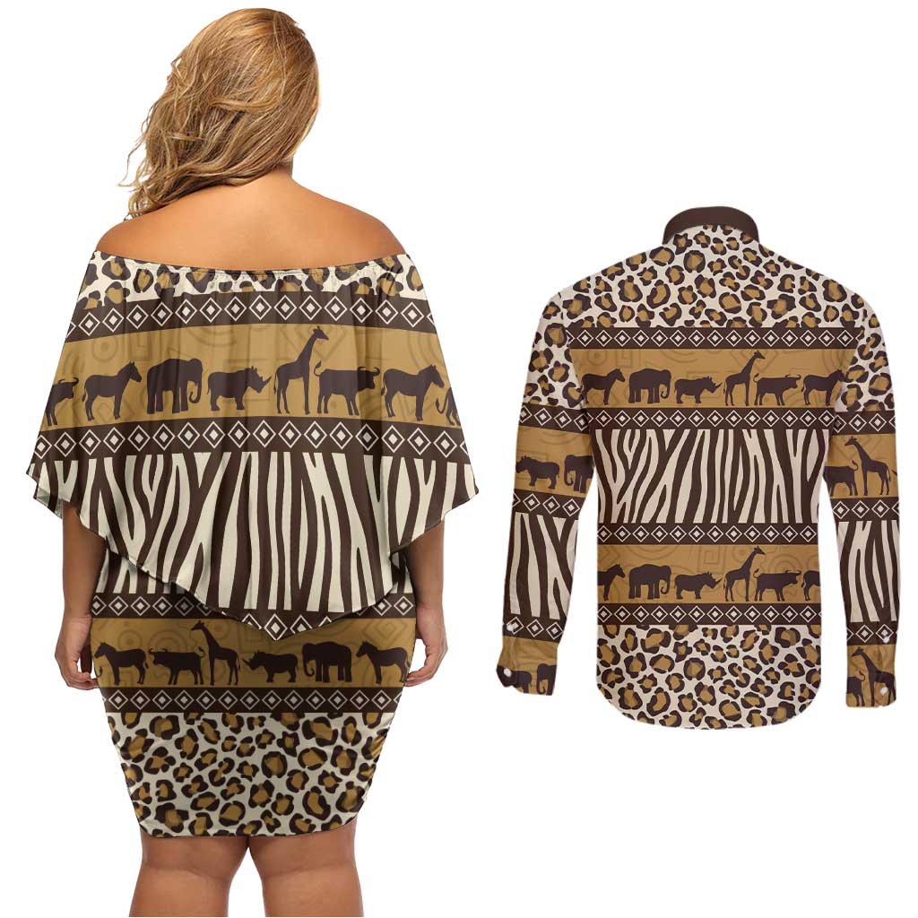 Animal Skin Mix African Pattern Couples Matching Off Shoulder Short Dress and Long Sleeve Button Shirt