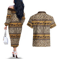 Animal Skin Mix African Pattern Couples Matching Off The Shoulder Long Sleeve Dress and Hawaiian Shirt