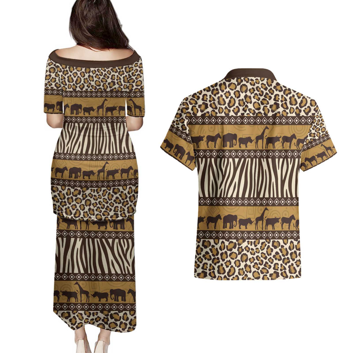 Animal Skin Mix African Pattern Couples Matching Puletasi and Hawaiian Shirt