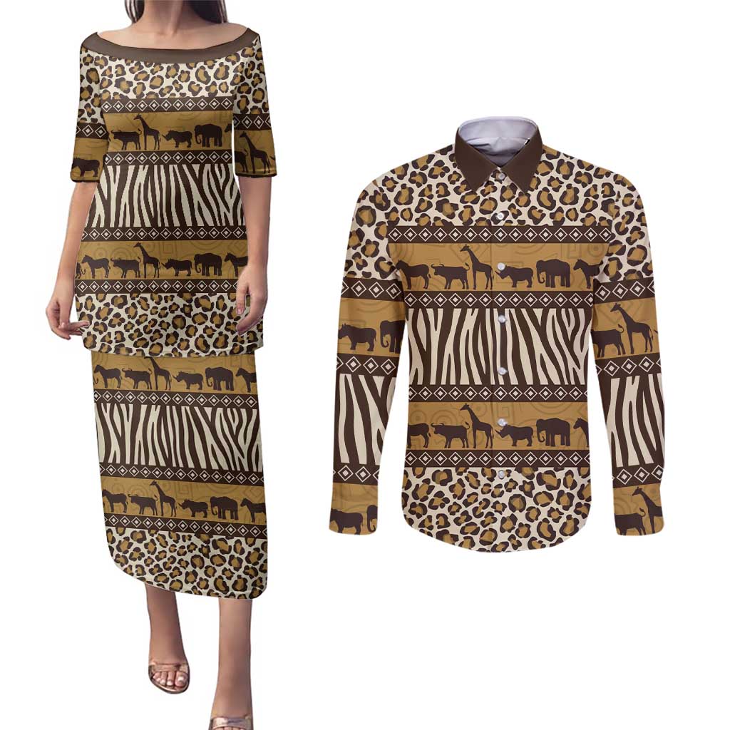 Animal Skin Mix African Pattern Couples Matching Puletasi and Long Sleeve Button Shirt
