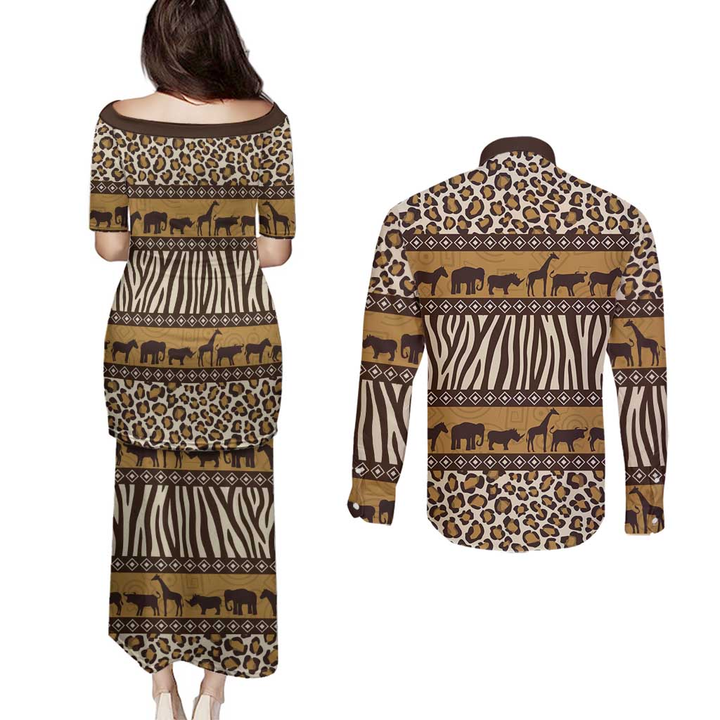 Animal Skin Mix African Pattern Couples Matching Puletasi and Long Sleeve Button Shirt