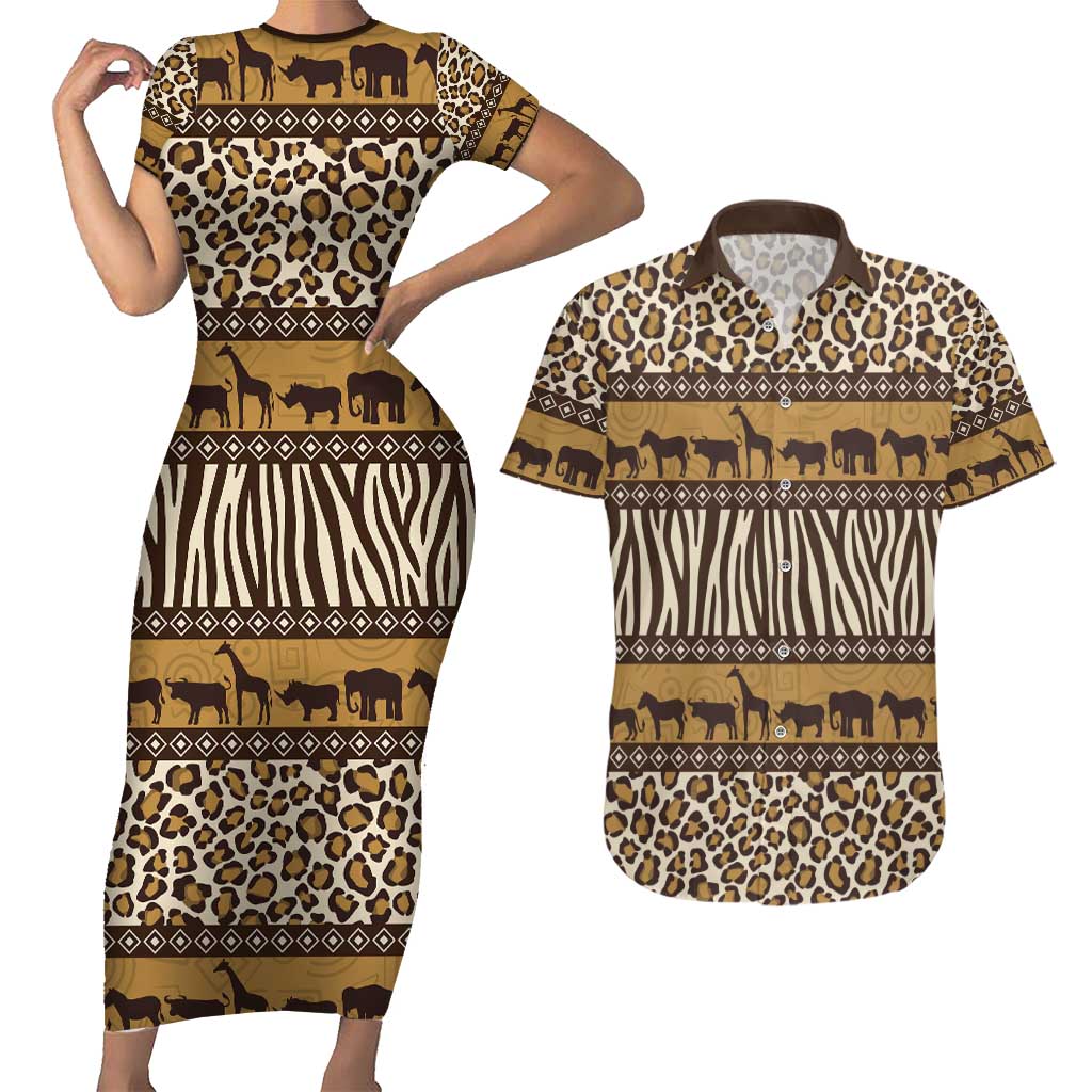 Animal Skin Mix African Pattern Couples Matching Short Sleeve Bodycon Dress and Hawaiian Shirt