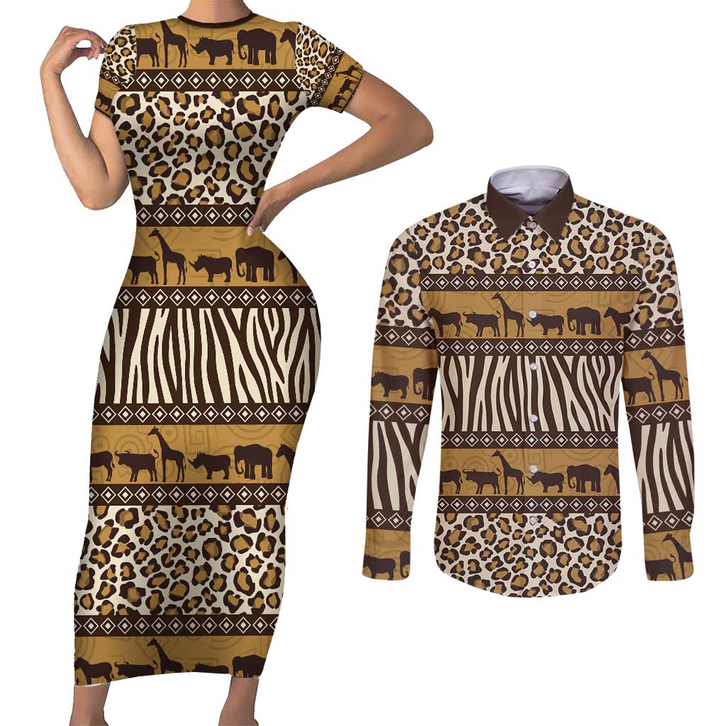 Animal Skin Mix African Pattern Couples Matching Short Sleeve Bodycon Dress and Long Sleeve Button Shirt