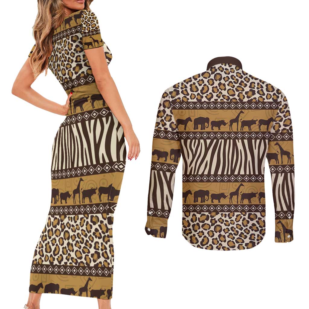 Animal Skin Mix African Pattern Couples Matching Short Sleeve Bodycon Dress and Long Sleeve Button Shirt