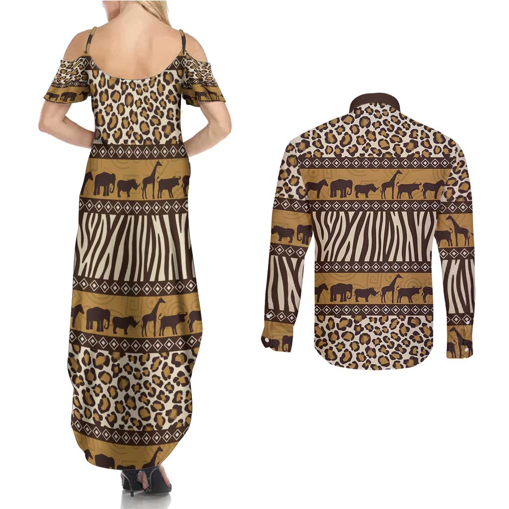 Animal Skin Mix African Pattern Couples Matching Summer Maxi Dress and Long Sleeve Button Shirt