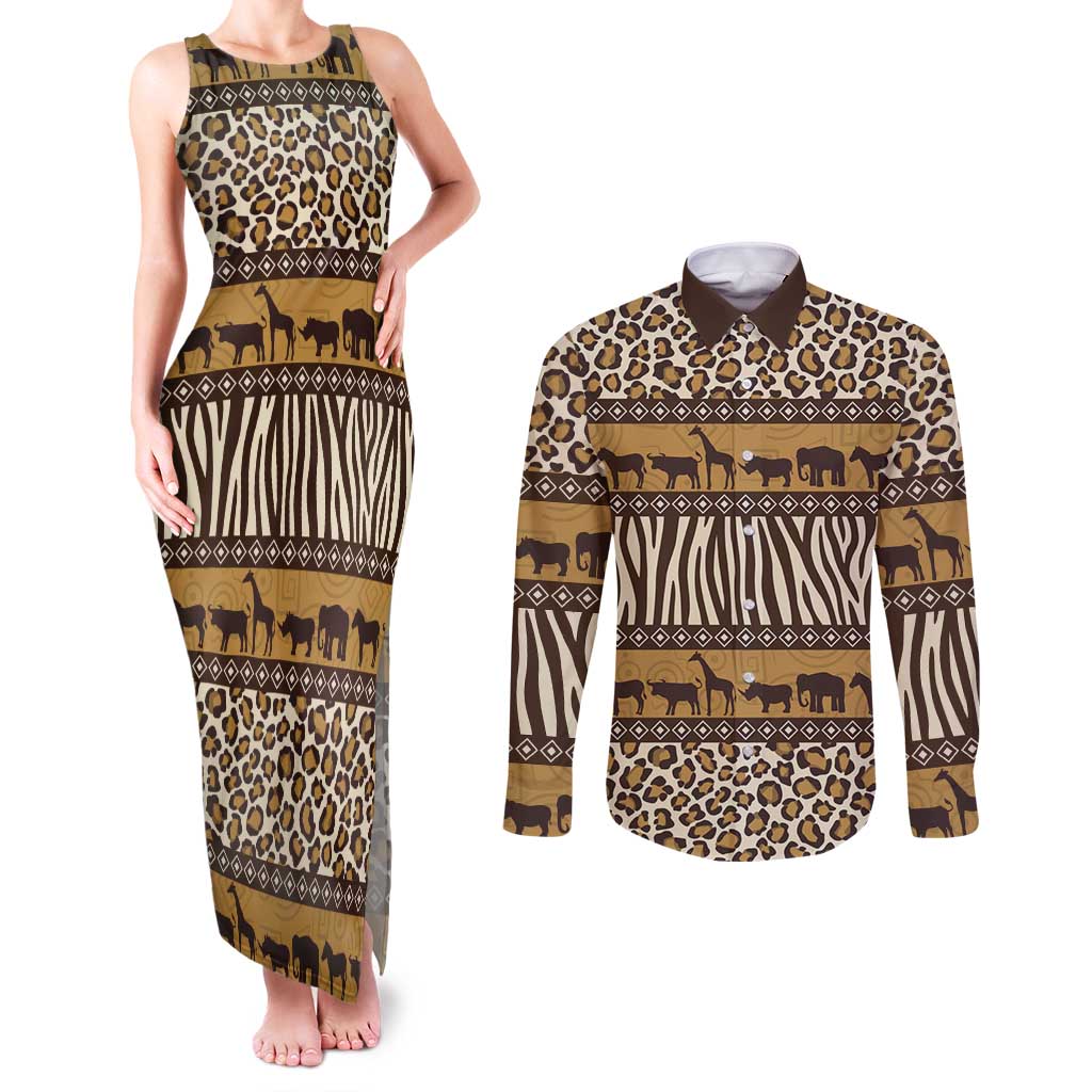 Animal Skin Mix African Pattern Couples Matching Tank Maxi Dress and Long Sleeve Button Shirt