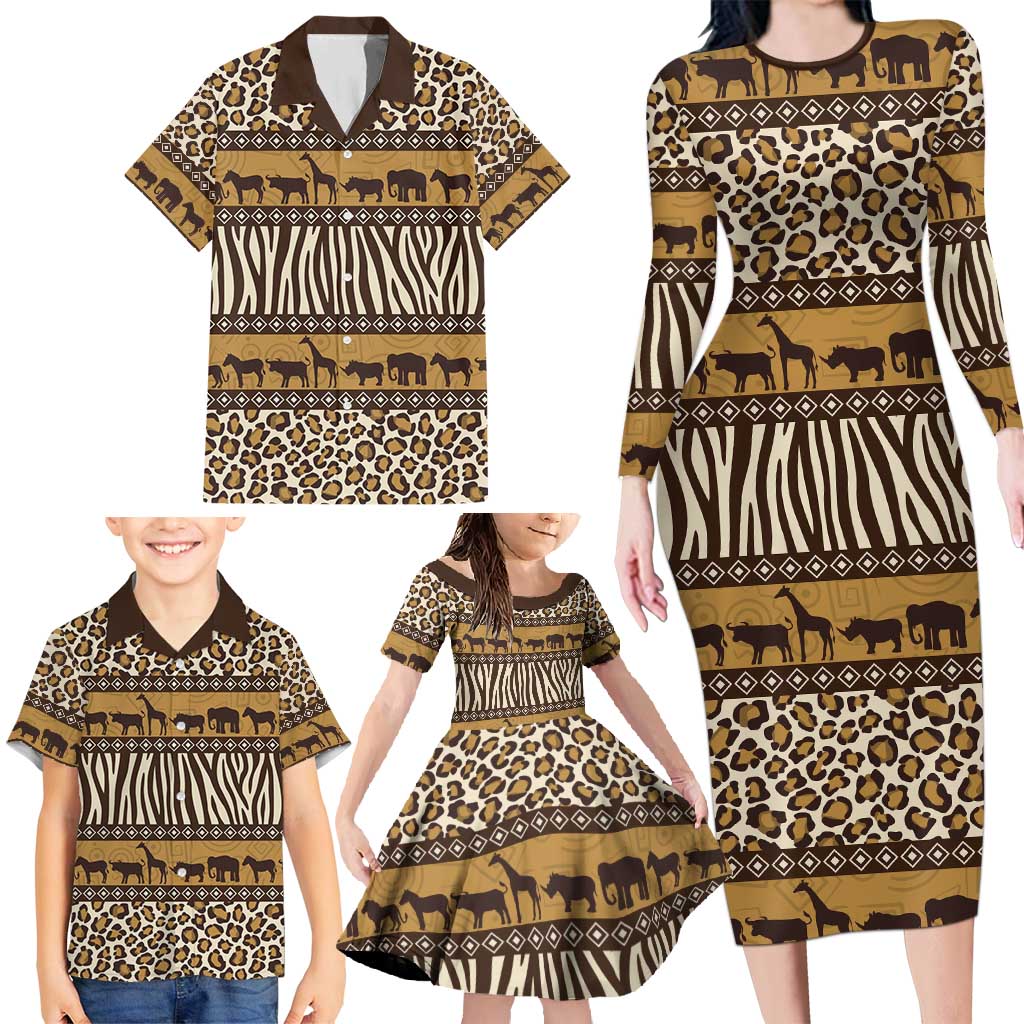 Animal Skin Mix African Pattern Family Matching Long Sleeve Bodycon Dress and Hawaiian Shirt