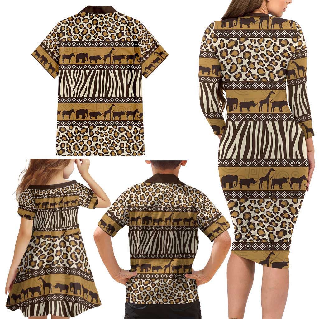 Animal Skin Mix African Pattern Family Matching Long Sleeve Bodycon Dress and Hawaiian Shirt