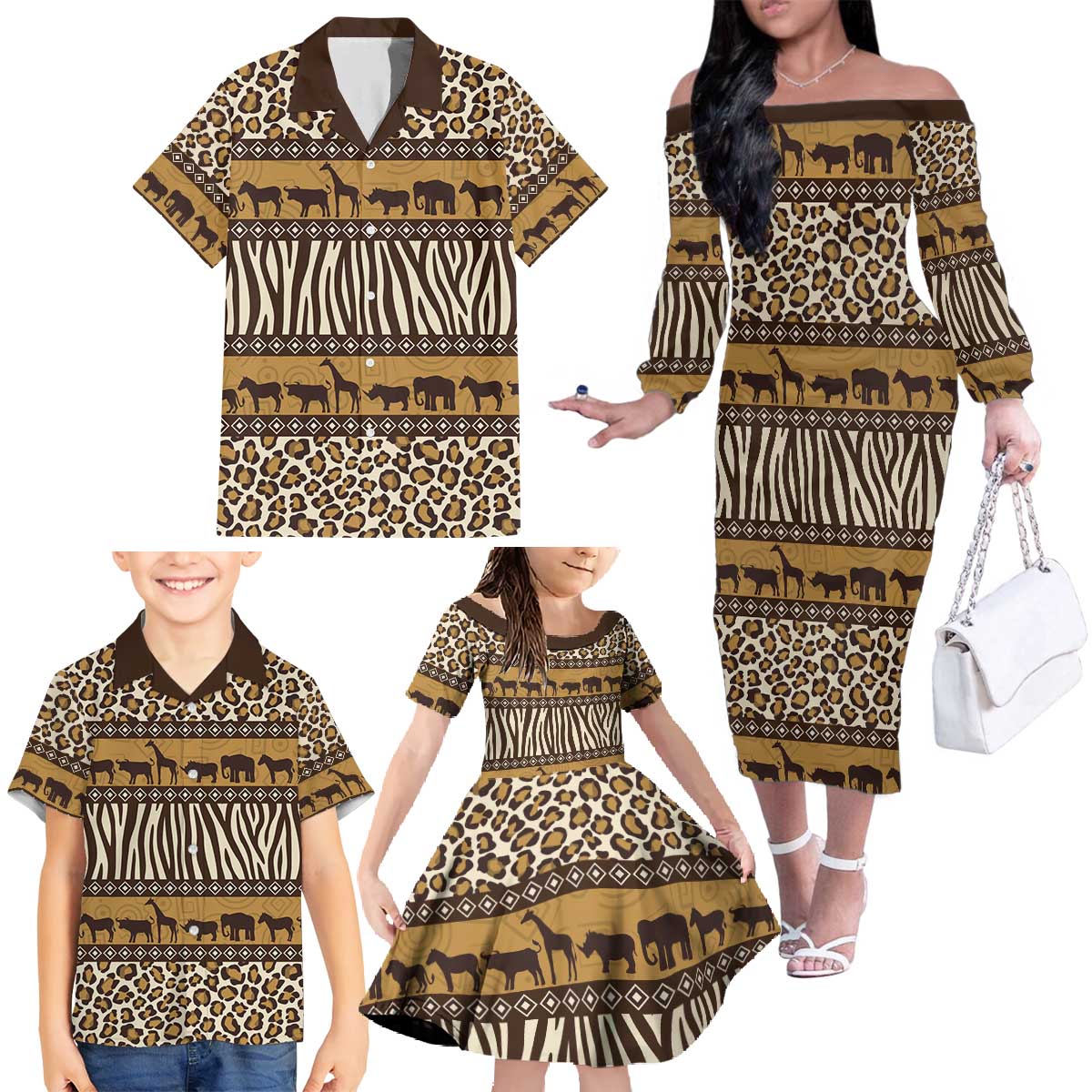 Animal Skin Mix African Pattern Family Matching Off The Shoulder Long Sleeve Dress and Hawaiian Shirt