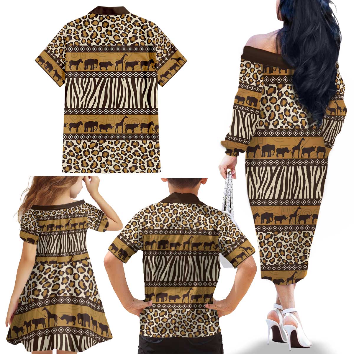 Animal Skin Mix African Pattern Family Matching Off The Shoulder Long Sleeve Dress and Hawaiian Shirt
