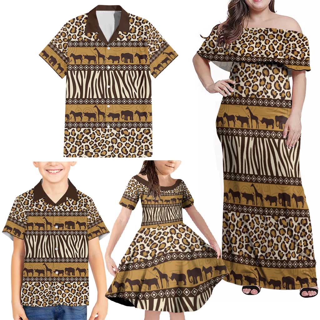 Animal Skin Mix African Pattern Family Matching Off Shoulder Maxi Dress and Hawaiian Shirt