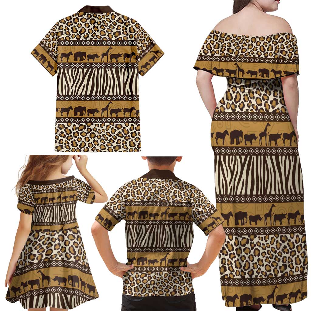 Animal Skin Mix African Pattern Family Matching Off Shoulder Maxi Dress and Hawaiian Shirt