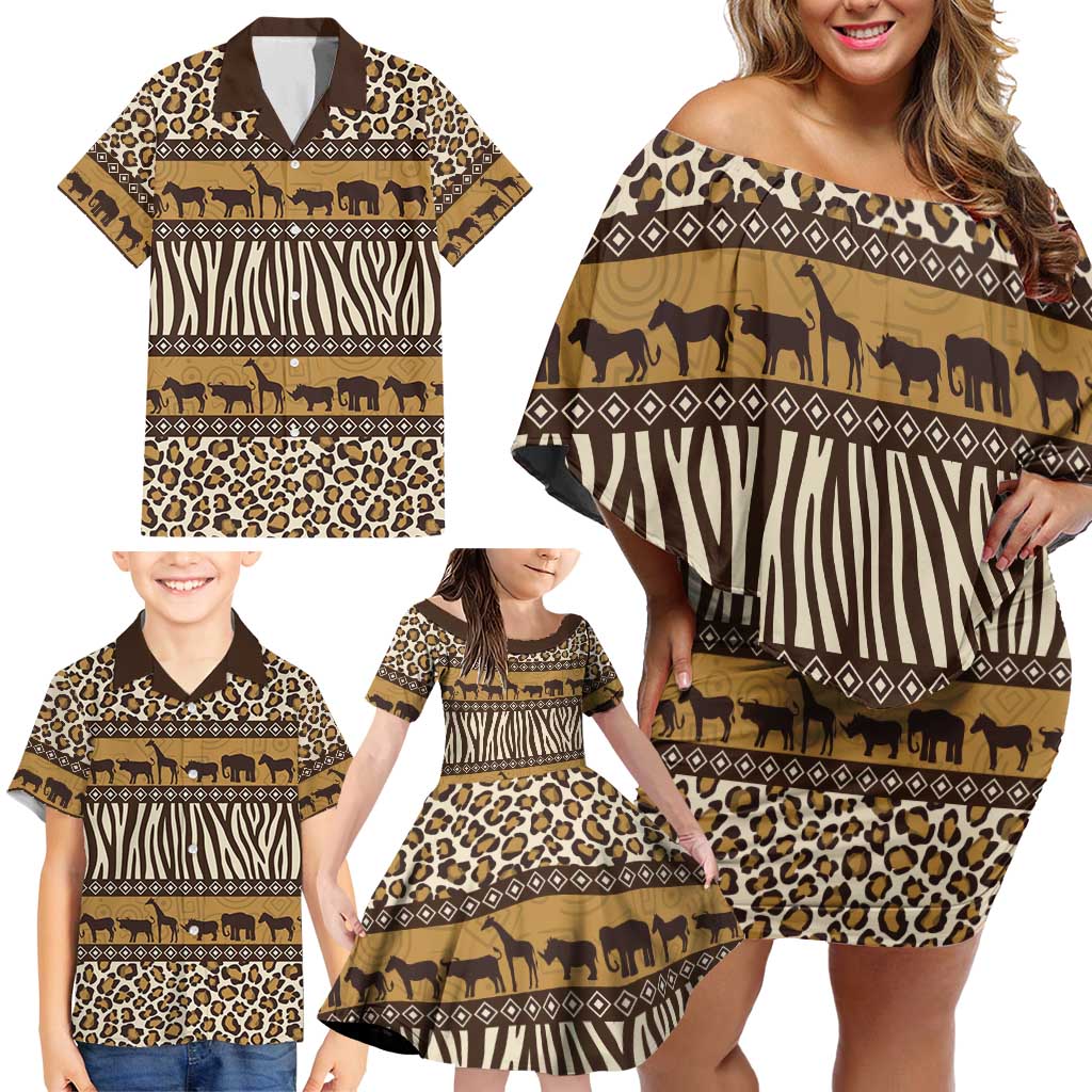 Animal Skin Mix African Pattern Family Matching Off Shoulder Short Dress and Hawaiian Shirt