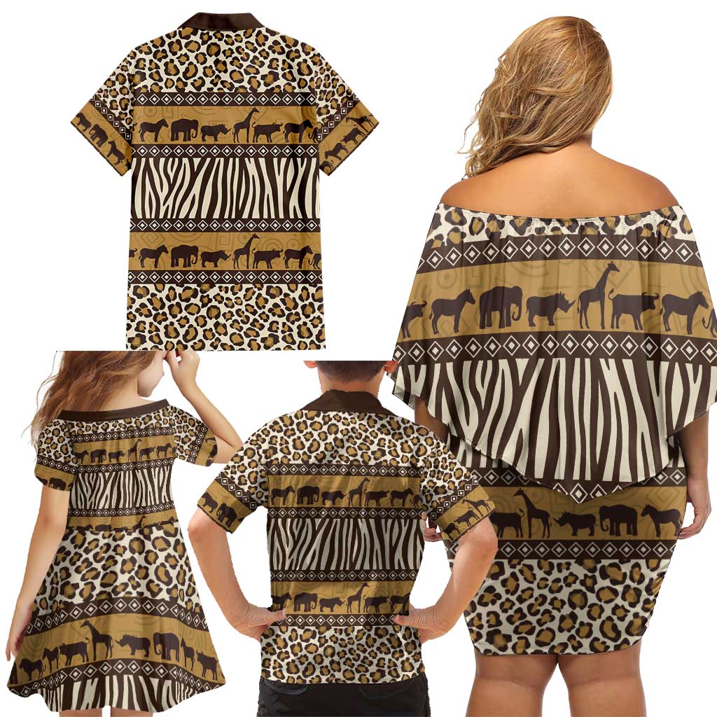 Animal Skin Mix African Pattern Family Matching Off Shoulder Short Dress and Hawaiian Shirt