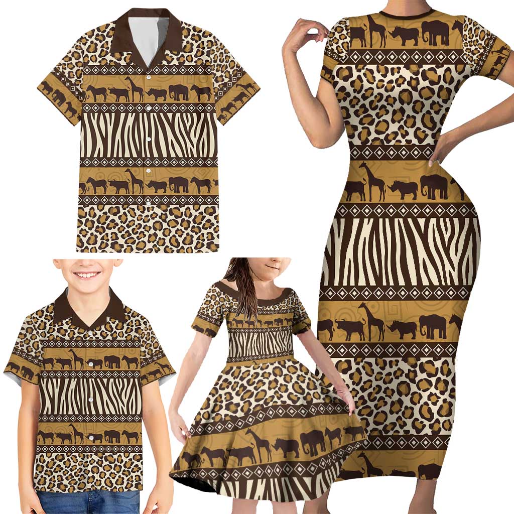 Animal Skin Mix African Pattern Family Matching Short Sleeve Bodycon Dress and Hawaiian Shirt