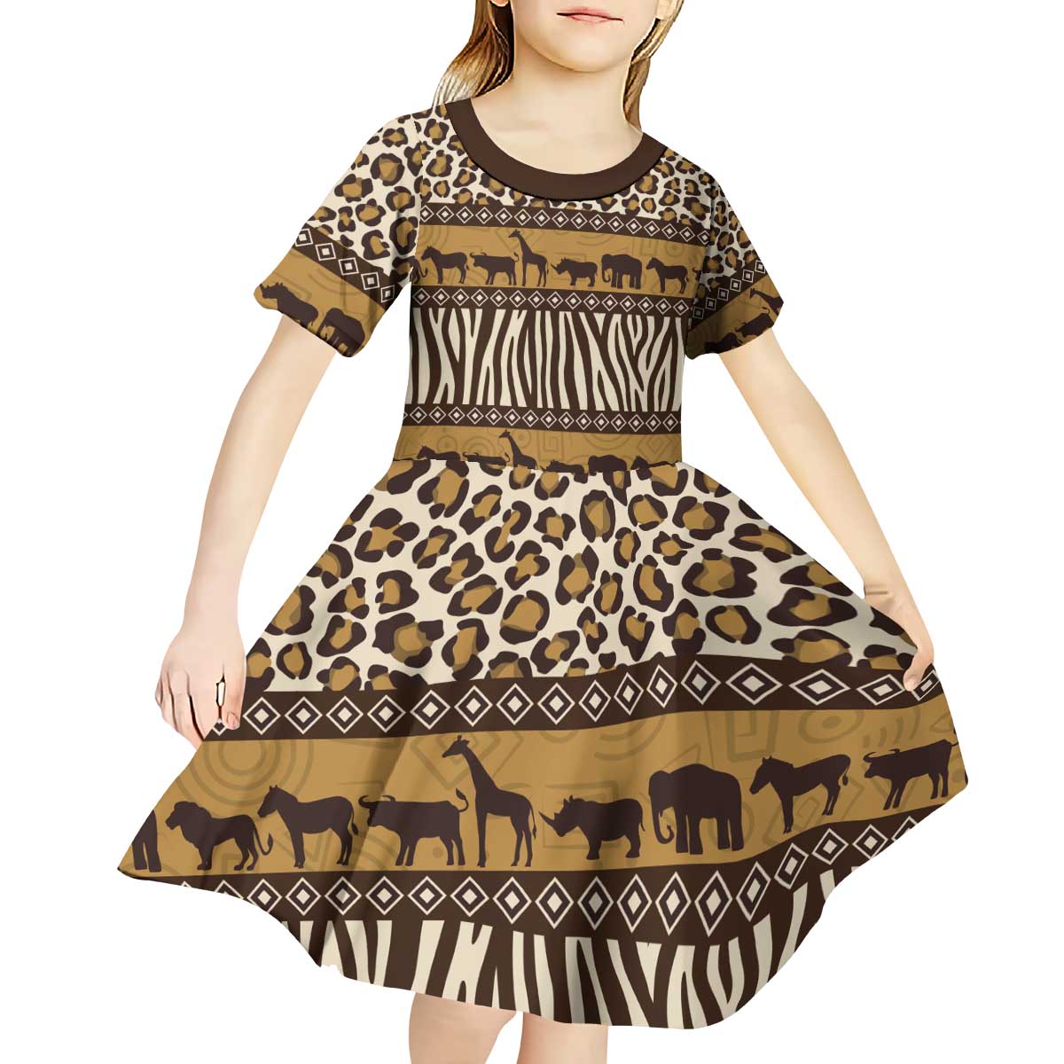 Animal Skin Mix African Pattern Kid Short Sleeve Dress