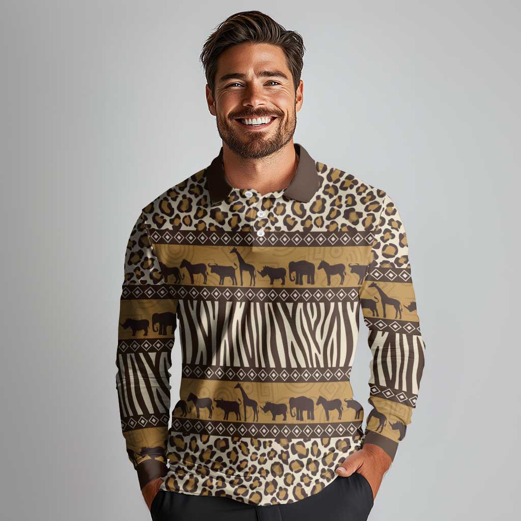 Animal Skin Mix African Pattern Long Sleeve Polo Shirt