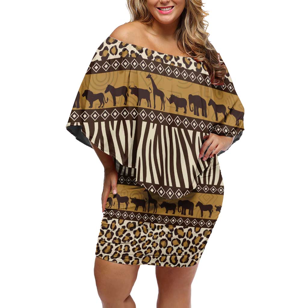 Animal Skin Mix African Pattern Off Shoulder Short Dress