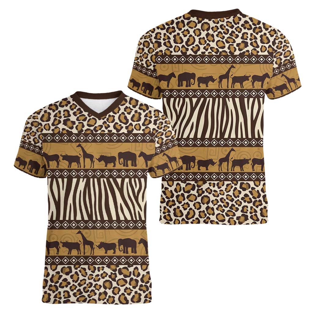 Animal Skin Mix African Pattern Women V-Neck T-Shirt