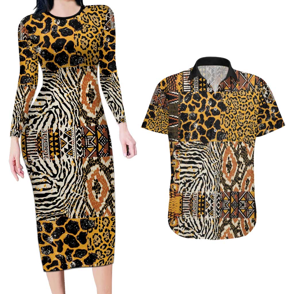 African Tribal Pattern With Wild Animal Skins Couples Matching Long Sleeve Bodycon Dress and Hawaiian Shirt
