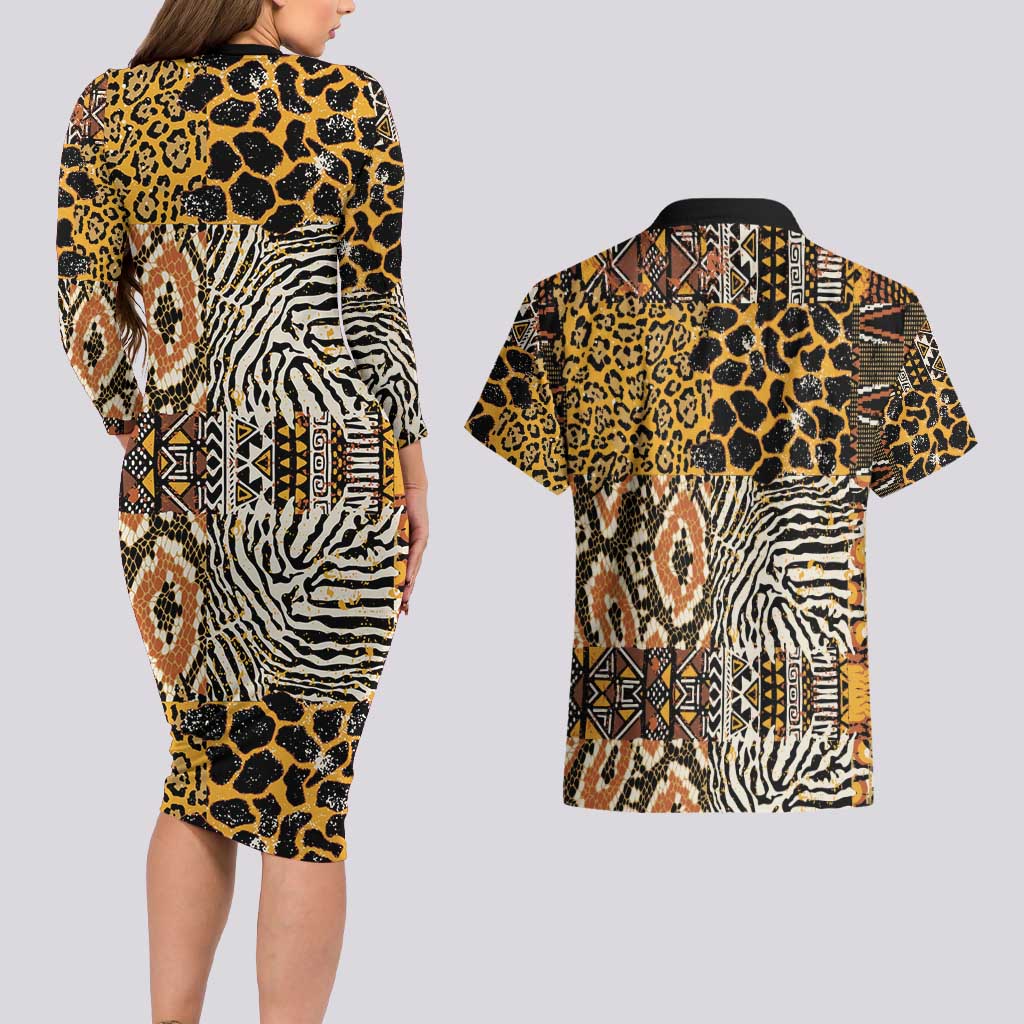 African Tribal Pattern With Wild Animal Skins Couples Matching Long Sleeve Bodycon Dress and Hawaiian Shirt