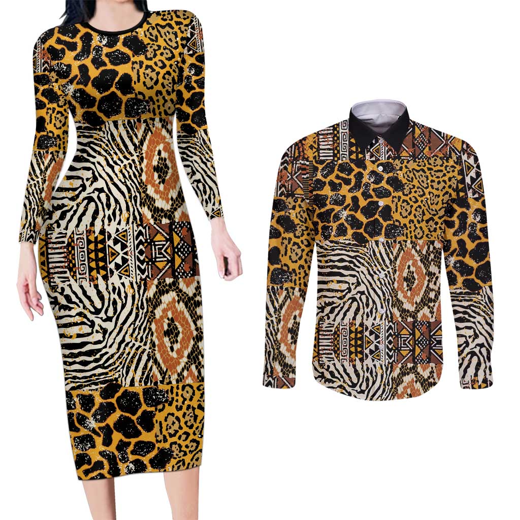 African Tribal Pattern With Wild Animal Skins Couples Matching Long Sleeve Bodycon Dress and Long Sleeve Button Shirt