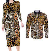 African Tribal Pattern With Wild Animal Skins Couples Matching Long Sleeve Bodycon Dress and Long Sleeve Button Shirt