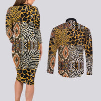 African Tribal Pattern With Wild Animal Skins Couples Matching Long Sleeve Bodycon Dress and Long Sleeve Button Shirt