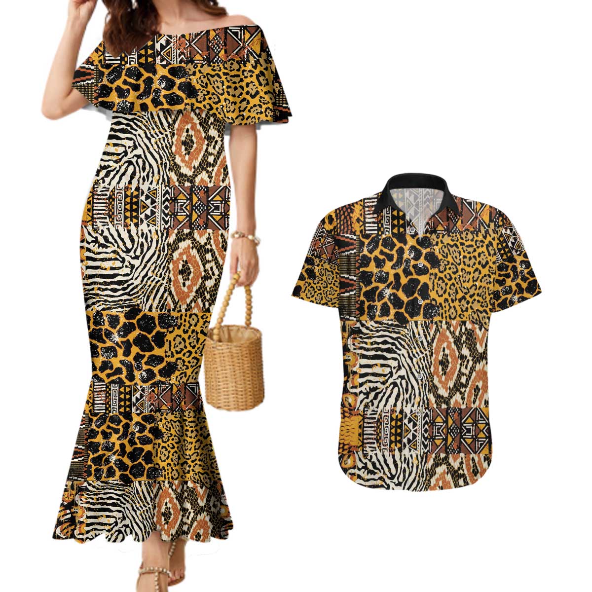 African Tribal Pattern With Wild Animal Skins Couples Matching Mermaid Dress and Hawaiian Shirt