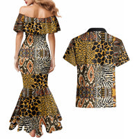 African Tribal Pattern With Wild Animal Skins Couples Matching Mermaid Dress and Hawaiian Shirt